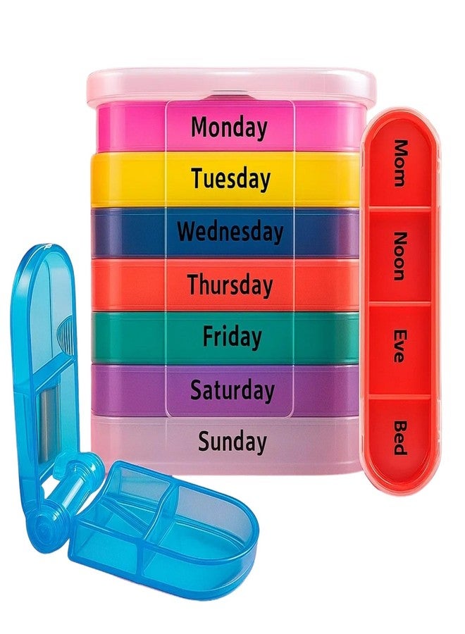 Vive Stackable Pill Organizer Tower with Pill Cutter, Splitter - 7 Days 4 Times A Day - Dispenser for Vitamins, Supplements and Medication - Weekly Stacking Pill Box Container with Travel Case - Image 1