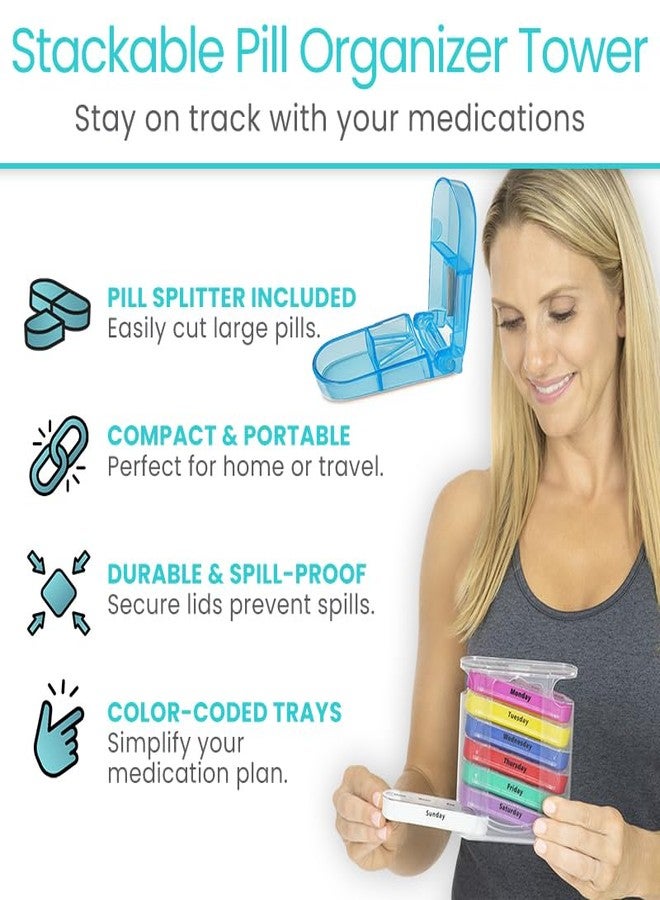 Vive Stackable Pill Organizer Tower with Pill Cutter, Splitter - 7 Days 4 Times A Day - Dispenser for Vitamins, Supplements and Medication - Weekly Stacking Pill Box Container with Travel Case - Image 2