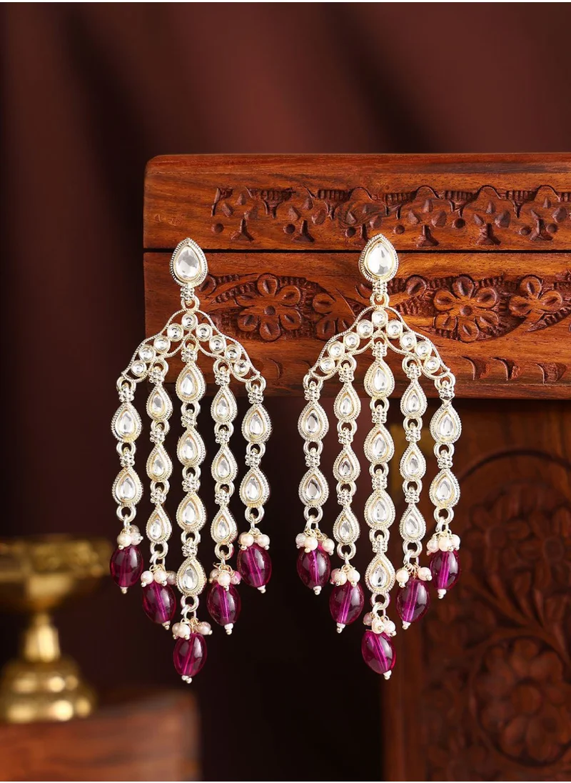 Priyaasi Kundan Stone Studded  Pearls Beaded Teardrop Shaped Drop Earrings