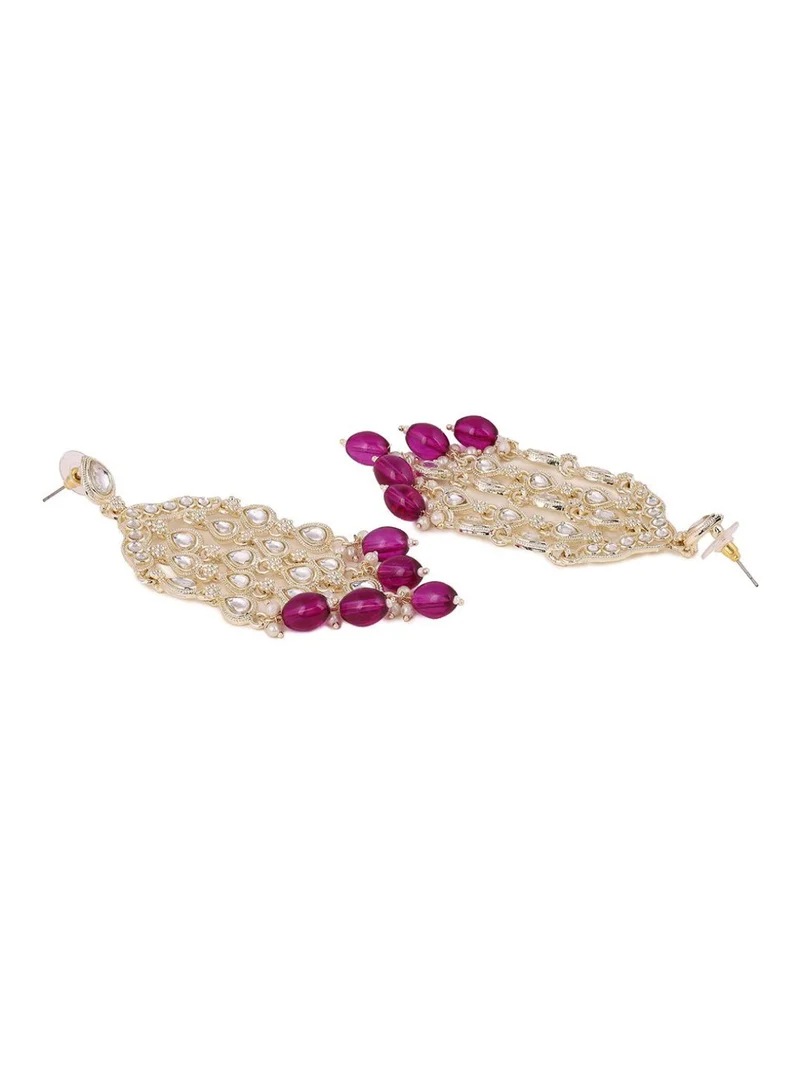 Priyaasi Kundan Stone Studded  Pearls Beaded Teardrop Shaped Drop Earrings