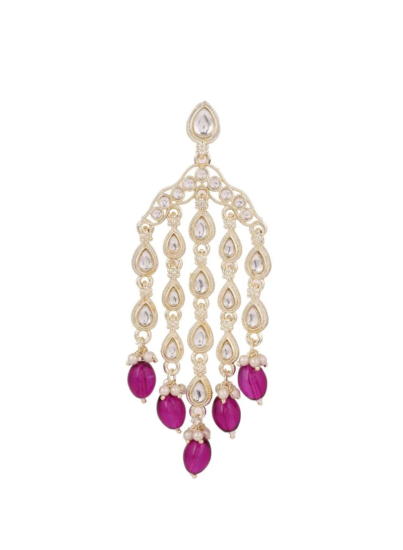 Priyaasi Kundan Stone Studded  Pearls Beaded Teardrop Shaped Drop Earrings