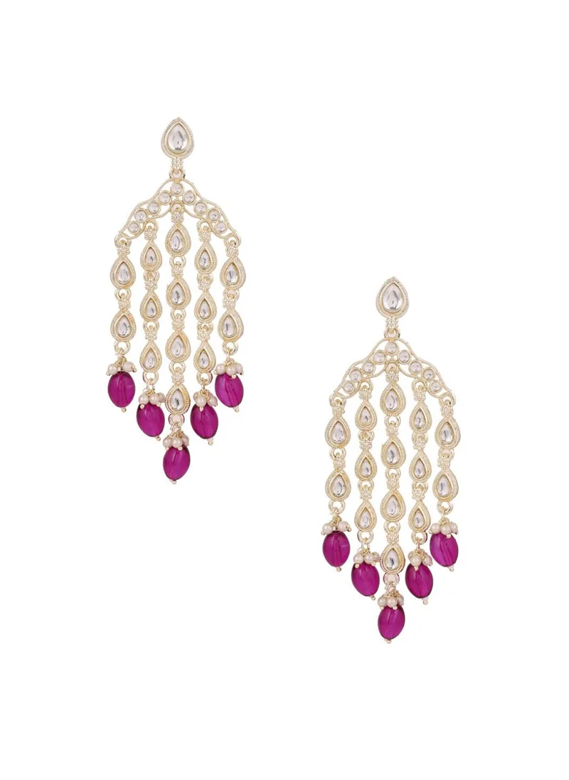 Priyaasi Kundan Stone Studded  Pearls Beaded Teardrop Shaped Drop Earrings