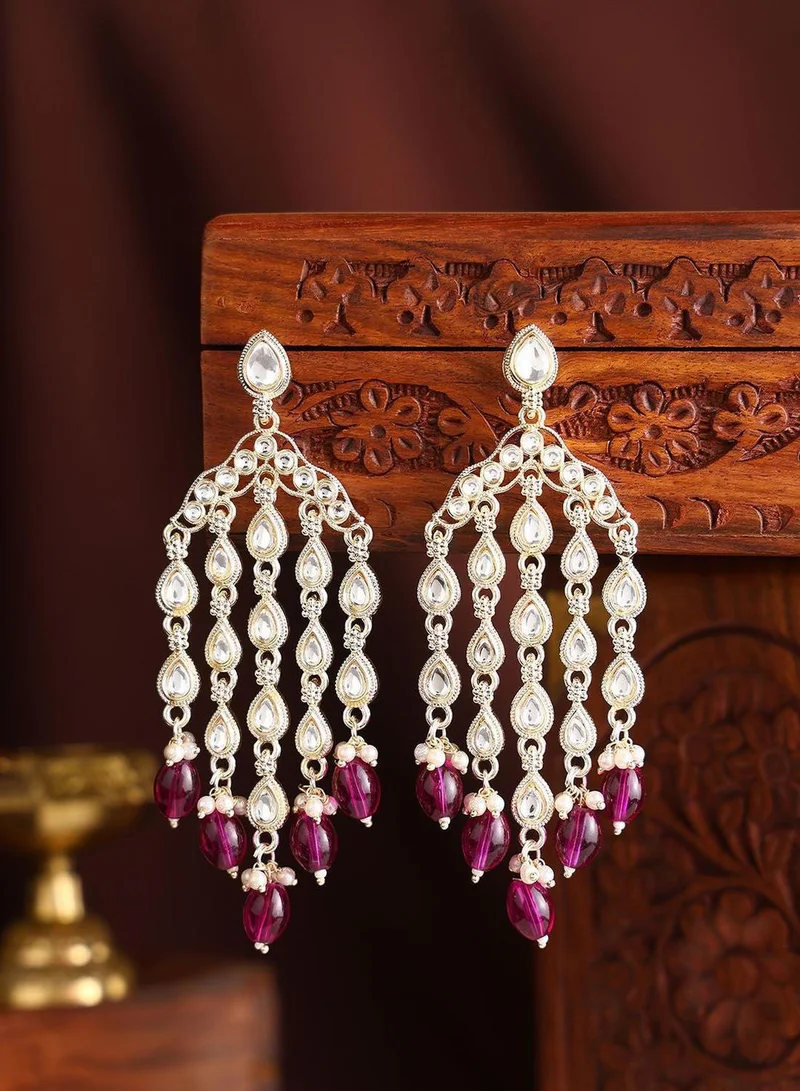 Priyaasi Kundan Stone Studded  Pearls Beaded Teardrop Shaped Drop Earrings