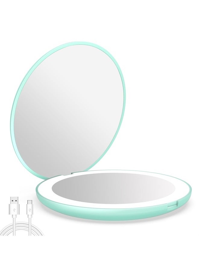 wobsion Rechargeable Compact Mirror,1x/10x Magnification Compact Mirror with Light,Dimmable Small Travel Makeup Mirror,26 LEDs,Portable Mirror for Handbag,4in Handheld Mirror,Gifts for Girls,Cyan - Image 1