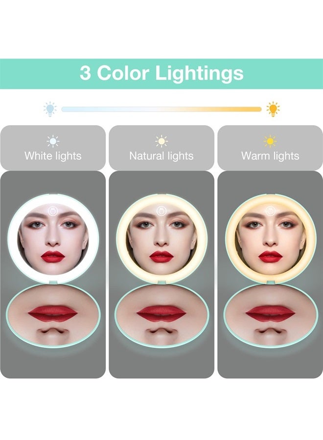 wobsion Rechargeable Compact Mirror,1x/10x Magnification Compact Mirror with Light,Dimmable Small Travel Makeup Mirror,26 LEDs,Portable Mirror for Handbag,4in Handheld Mirror,Gifts for Girls,Cyan - Image 2