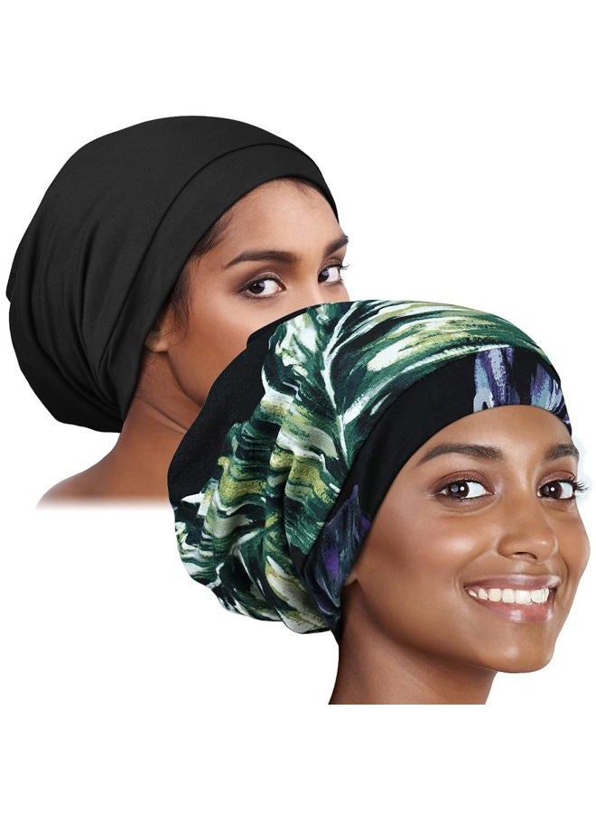 Alnorm Sleep Cap Satin Hair Wrap Adjustable-Protect Curly Hair, Stay on,2 Pack, Turtle Leaves+black, One size - Image 1