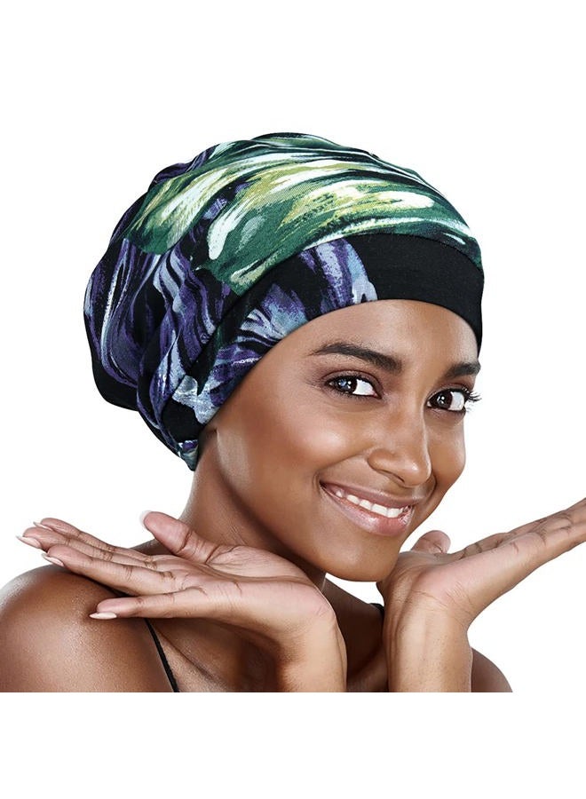Alnorm Sleep Cap Satin Hair Wrap Adjustable-Protect Curly Hair, Stay on,2 Pack, Turtle Leaves+black, One size - Image 2