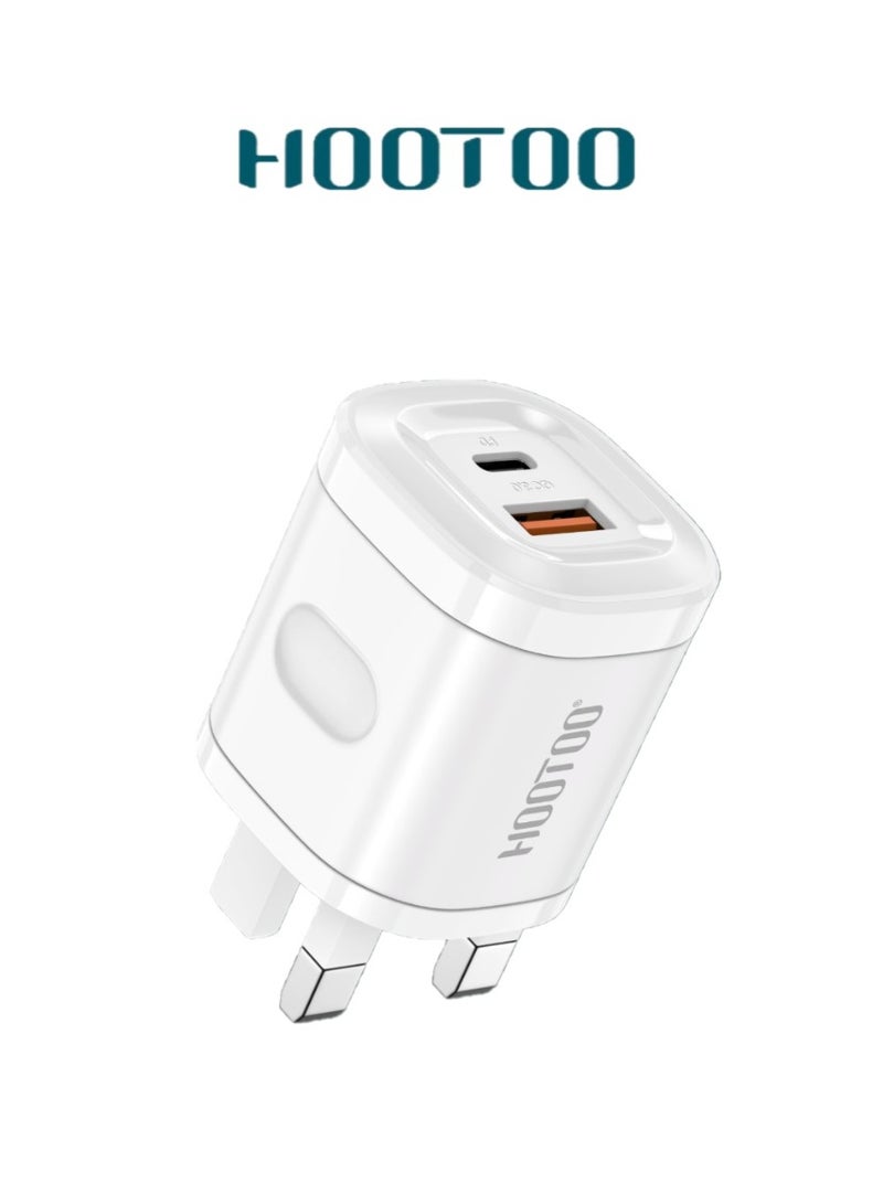 HooToo 38W Wall Charger / Type-C Charger Adapter with two ports (USB-C / USB-PD). This charger adapter supports fast charging and is suitable for Apple, Samsung, Nintendo Switch, and other devices – White.38W wall charger. Dual-port charger (Type-C charger & USB plug). Fast and safe charging. Chargers for cell phones, headphones, watches, and modems. Plugs for iPhone, Samsung, Honor, and other supported devices. - Image 1