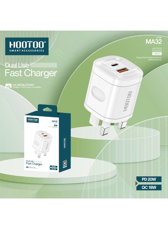 HooToo 38W Wall Charger / Type-C Charger Adapter with two ports (USB-C / USB-PD). This charger adapter supports fast charging and is suitable for Apple, Samsung, Nintendo Switch, and other devices – White.38W wall charger. Dual-port charger (Type-C charger & USB plug). Fast and safe charging. Chargers for cell phones, headphones, watches, and modems. Plugs for iPhone, Samsung, Honor, and other supported devices. - Image 4