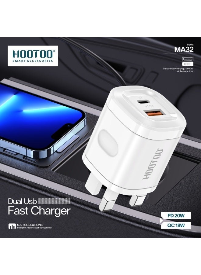 HooToo 38W Wall Charger / Type-C Charger Adapter with two ports (USB-C / USB-PD). This charger adapter supports fast charging and is suitable for Apple, Samsung, Nintendo Switch, and other devices – White.38W wall charger. Dual-port charger (Type-C charger & USB plug). Fast and safe charging. Chargers for cell phones, headphones, watches, and modems. Plugs for iPhone, Samsung, Honor, and other supported devices. - Image 2
