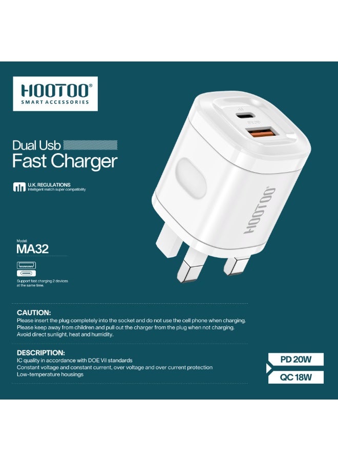 HooToo 38W Wall Charger / Type-C Charger Adapter with two ports (USB-C / USB-PD). This charger adapter supports fast charging and is suitable for Apple, Samsung, Nintendo Switch, and other devices – White.38W wall charger. Dual-port charger (Type-C charger & USB plug). Fast and safe charging. Chargers for cell phones, headphones, watches, and modems. Plugs for iPhone, Samsung, Honor, and other supported devices. - Image 3