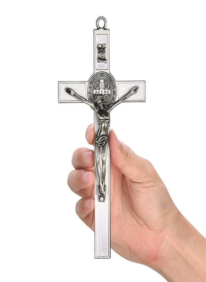 VINETEN White Enamel Crucifix Wall Cross–Saint Benedict Metal Wall Art–Cross Give Blessing and The Spiritual Sacred–Crucifix Gift for Grandma, Boys Baptism Gift, 7.7x4x1 - Image 2
