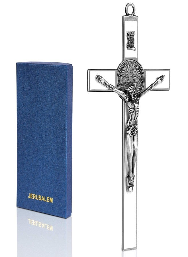 VINETEN White Enamel Crucifix Wall Cross–Saint Benedict Metal Wall Art–Cross Give Blessing and The Spiritual Sacred–Crucifix Gift for Grandma, Boys Baptism Gift, 7.7x4x1 - Image 1