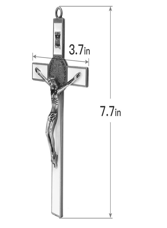 VINETEN White Enamel Crucifix Wall Cross–Saint Benedict Metal Wall Art–Cross Give Blessing and The Spiritual Sacred–Crucifix Gift for Grandma, Boys Baptism Gift, 7.7x4x1 - Image 3