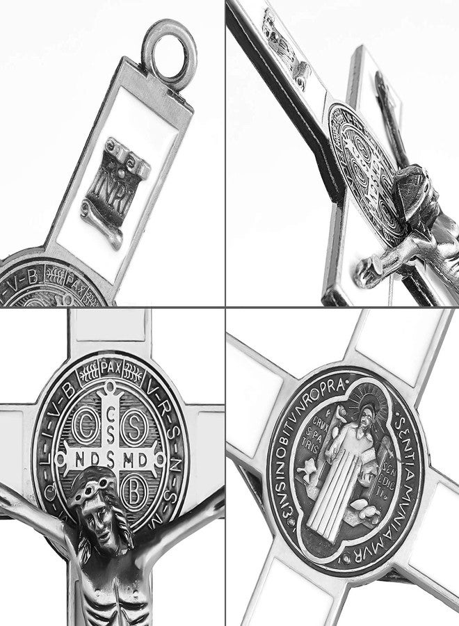 VINETEN White Enamel Crucifix Wall Cross–Saint Benedict Metal Wall Art–Cross Give Blessing and The Spiritual Sacred–Crucifix Gift for Grandma, Boys Baptism Gift, 7.7x4x1 - Image 4