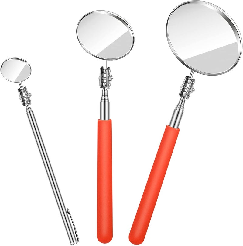 Flutesan 3 Pieces Telescoping Inspection Mirror Set - Adjustable Round Mirrors for Vehicle Inspection and Personal Use, Orange - Image 1