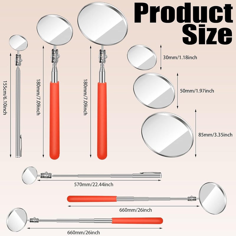 Flutesan 3 Pieces Telescoping Inspection Mirror Set - Adjustable Round Mirrors for Vehicle Inspection and Personal Use, Orange - Image 2