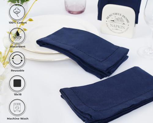 Blue Needles Navy Blue Hemstitch Linen Napkins Set of 12-100% Cotton Cloth Dinner Napkins 18x18 inches, Soft, Reusable, Absorbent, Washable Ideal for Spring Summer Easter Parties & Everyday Use - Image 2