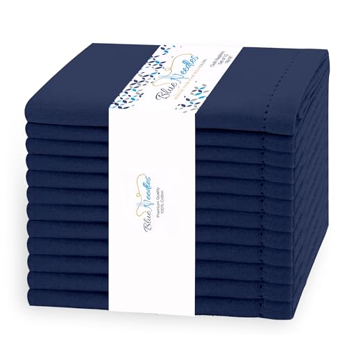 Blue Needles Navy Blue Hemstitch Linen Napkins Set of 12-100% Cotton Cloth Dinner Napkins 18x18 inches, Soft, Reusable, Absorbent, Washable Ideal for Spring Summer Easter Parties & Everyday Use - Image 1