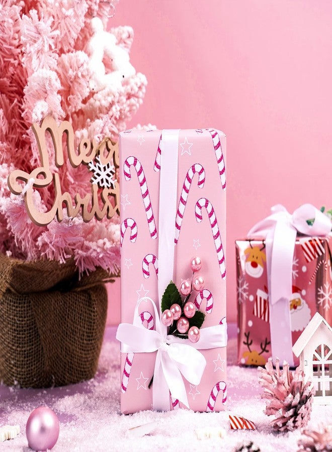 LeZakaa Christmas Pink Wrapping Paper Mini Roll, Santa Claus & Candy Cane, Metallic Foil, Rose Gold Foil Reversible Design for Festive Winter Holiday, Family Gathering, 17 inches x 32.8 Feet - Image 3