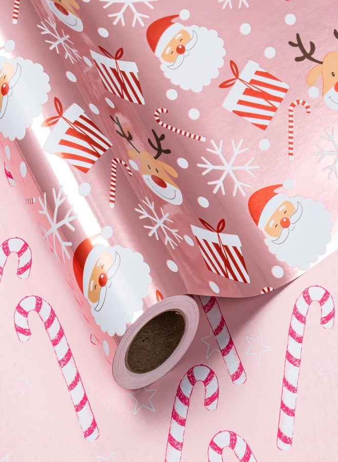 LeZakaa Christmas Pink Wrapping Paper Mini Roll, Santa Claus & Candy Cane, Metallic Foil, Rose Gold Foil Reversible Design for Festive Winter Holiday, Family Gathering, 17 inches x 32.8 Feet - Image 1