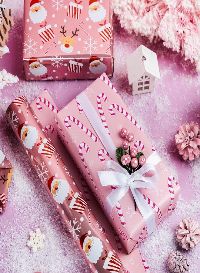 LeZakaa Christmas Pink Wrapping Paper Mini Roll, Santa Claus & Candy Cane, Metallic Foil, Rose Gold Foil Reversible Design for Festive Winter Holiday, Family Gathering, 17 inches x 32.8 Feet - Image 2