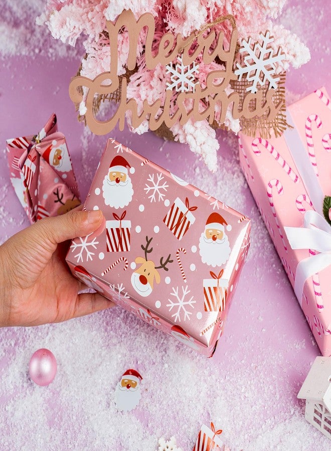 LeZakaa Christmas Pink Wrapping Paper Mini Roll, Santa Claus & Candy Cane, Metallic Foil, Rose Gold Foil Reversible Design for Festive Winter Holiday, Family Gathering, 17 inches x 32.8 Feet - Image 4