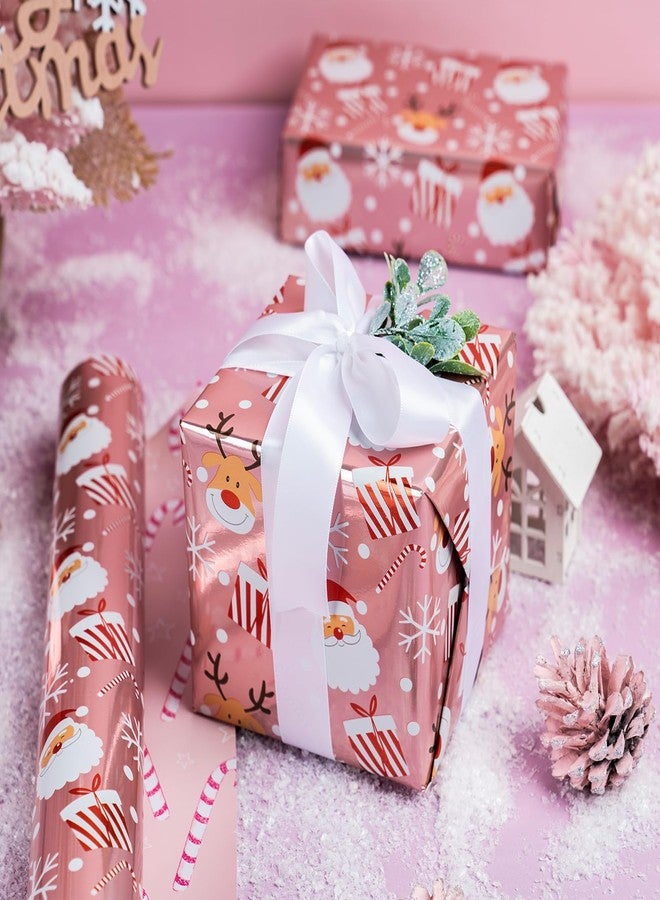 LeZakaa Christmas Pink Wrapping Paper Mini Roll, Santa Claus & Candy Cane, Metallic Foil, Rose Gold Foil Reversible Design for Festive Winter Holiday, Family Gathering, 17 inches x 32.8 Feet - Image 5