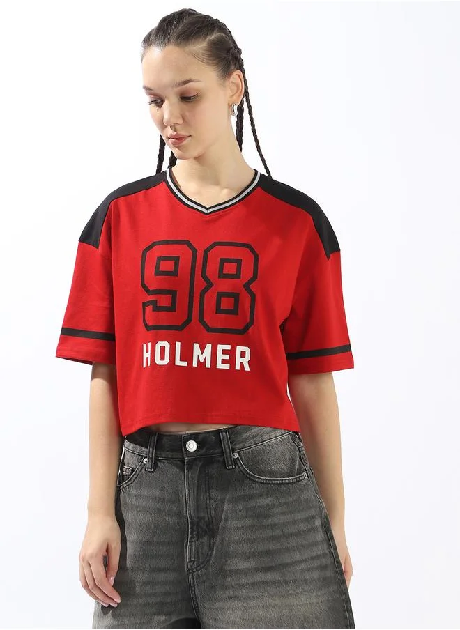 هوبرهولمي Women's Multicolour 100% Cotton Printed Boxy Fit T-Shirt