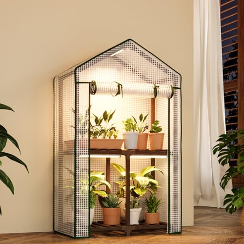 Bamworld Mini Greenhouse with Grow Light 2 Tied Plant Stand for Mutiple Pots Outdoor 2Tierd Reusable Portable Warm House with PE Cover Compact Patio Boho Home Decor - Image 1