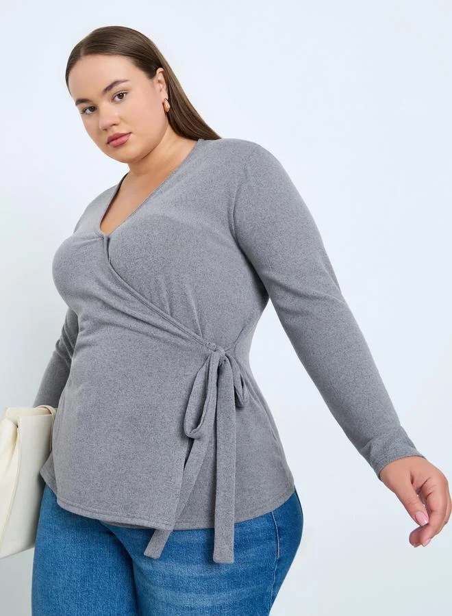 Styli Plus Size Grey Knit Wrap Top