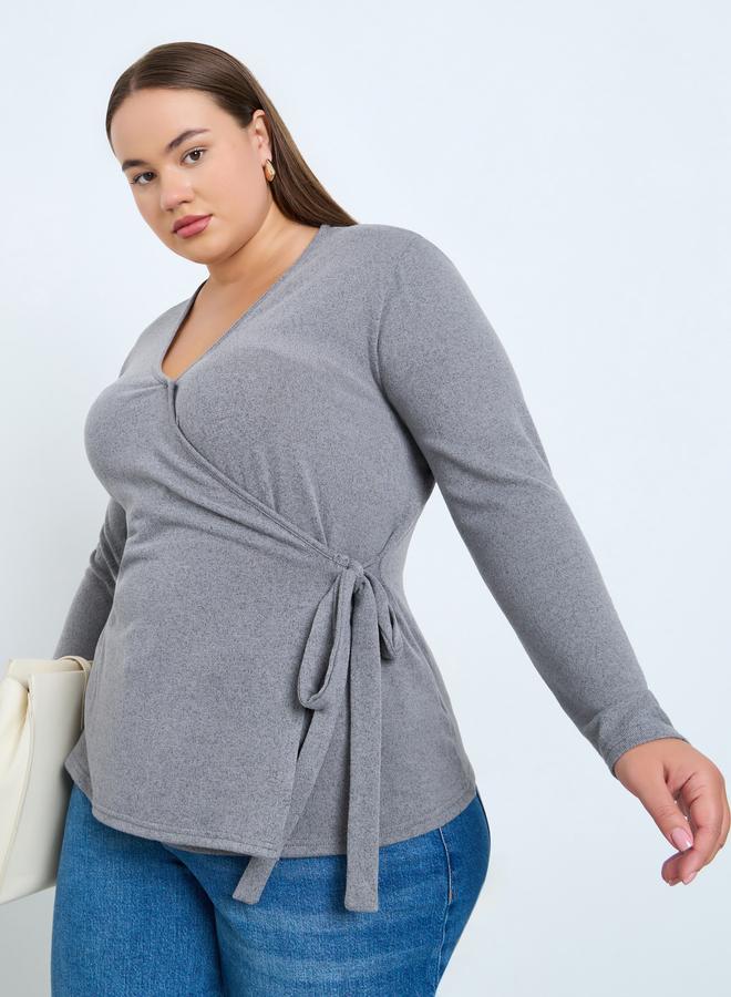 Styli Plus Size Grey Knit Wrap Top - Image 1