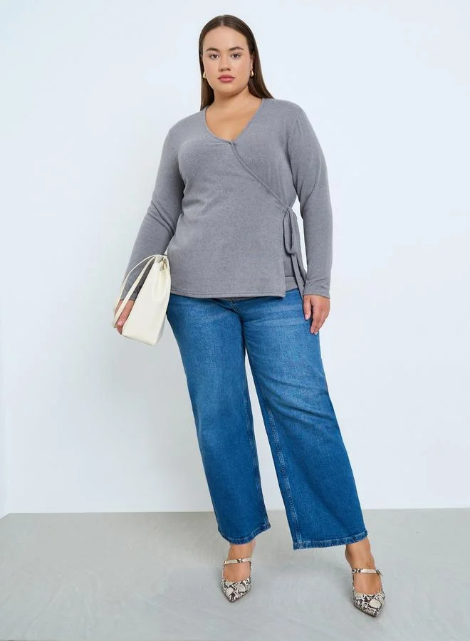Styli Plus Size Grey Knit Wrap Top