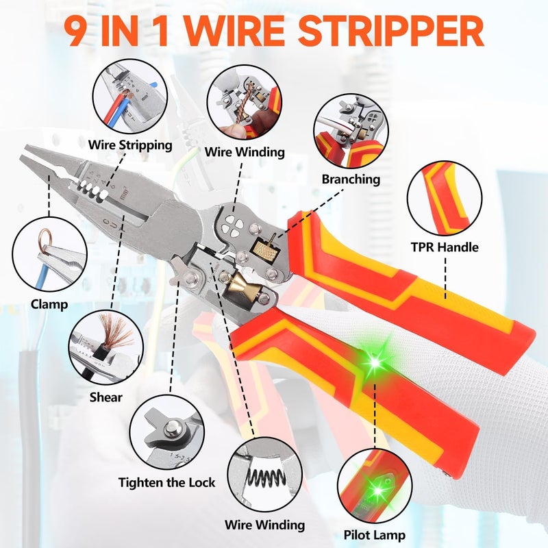 KASTWAVE 9-in-1 Multifunctional Automatic Wire Stripper and Cutter with Voltage Tester Pliers, Electrical Cable Stripping, Twisting and Cutting Tool for Electricians, Professional Insulated Hand Tool - Image 4