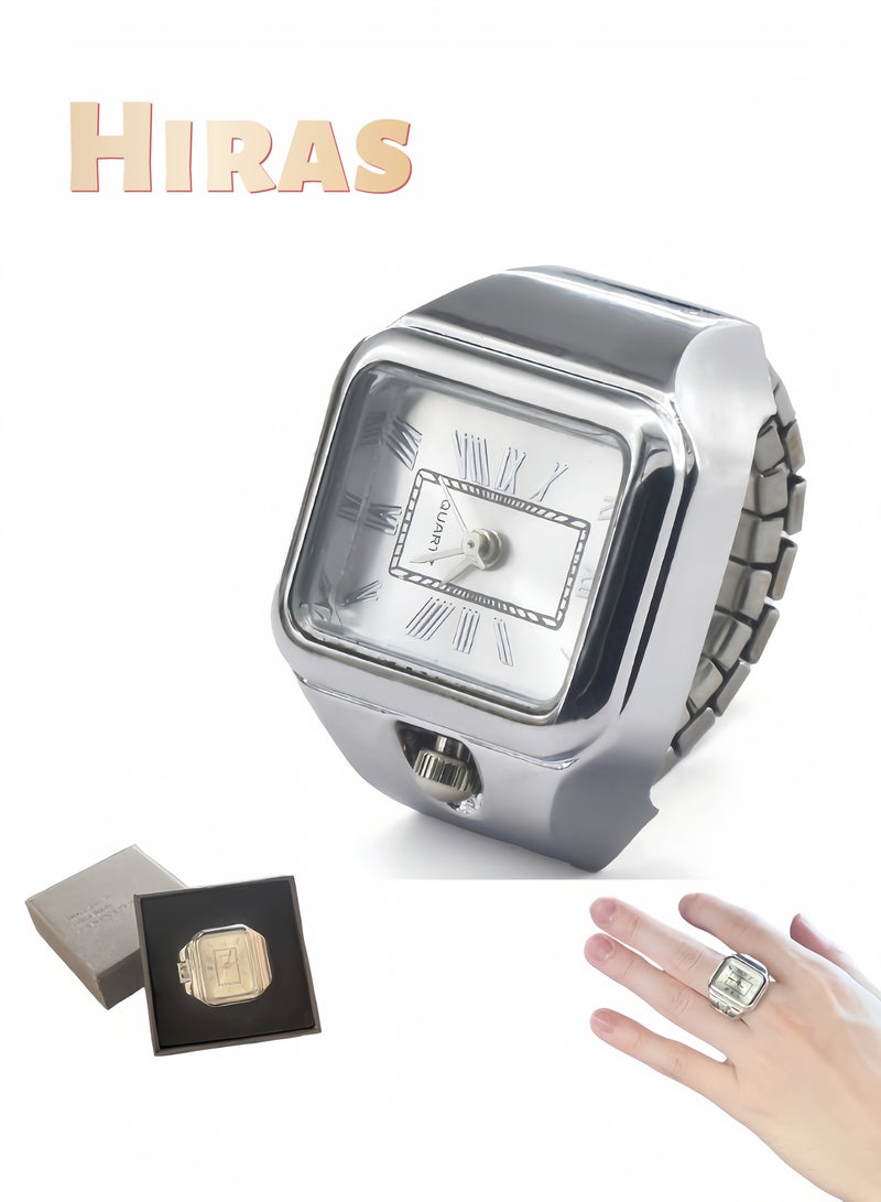 Hiras Unisex Silver Square Watch Ring Finger Watch- Stainless Steel Band with Quartz Movement, Minimalist Fashion Accessory Pocket Watch for Men & Women - Image 1
