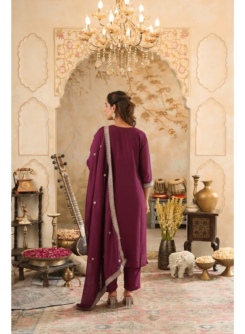 Ameya  Burgundy-embroidered-silk-blend-straight-kurta-sets-with-dupatta for Women | Best Price UAE