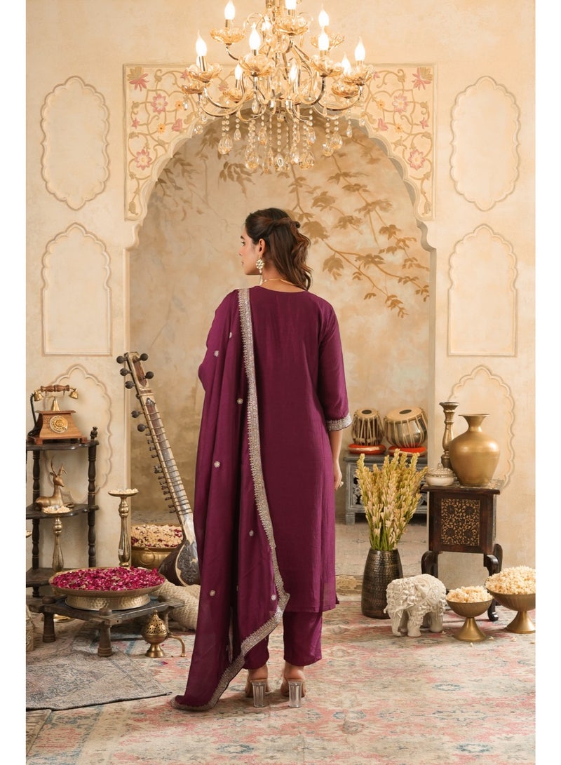 Ameya Burgundy-embroidered-silk-blend-straight-kurta-sets-with-dupatta - Image 3