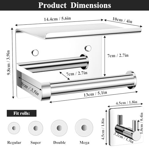 Tindbea Toilet Paper Holder with Phone Shelf + Towel Robe Hooks, Adhesive or Screw Wall Mounted Toilet Paper Roll Storage, Stainless Steel Bathroom Tissue Roll Holder (Polished Chrome) - Image 3