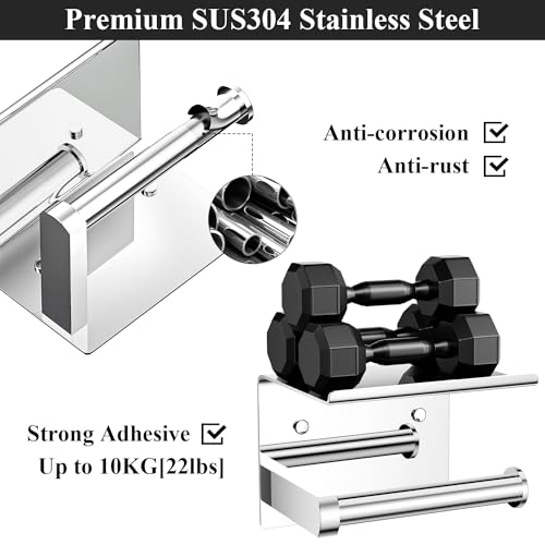Tindbea Toilet Paper Holder with Phone Shelf + Towel Robe Hooks, Adhesive or Screw Wall Mounted Toilet Paper Roll Storage, Stainless Steel Bathroom Tissue Roll Holder (Polished Chrome) - Image 4