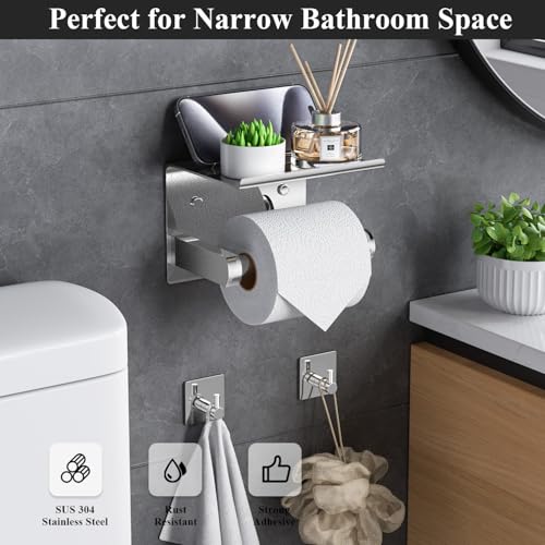 Tindbea Toilet Paper Holder with Phone Shelf + Towel Robe Hooks, Adhesive or Screw Wall Mounted Toilet Paper Roll Storage, Stainless Steel Bathroom Tissue Roll Holder (Polished Chrome) - Image 2