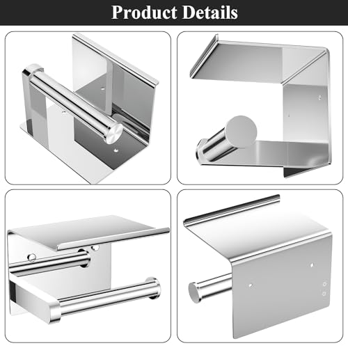 Tindbea Toilet Paper Holder with Phone Shelf + Towel Robe Hooks, Adhesive or Screw Wall Mounted Toilet Paper Roll Storage, Stainless Steel Bathroom Tissue Roll Holder (Polished Chrome) - Image 5