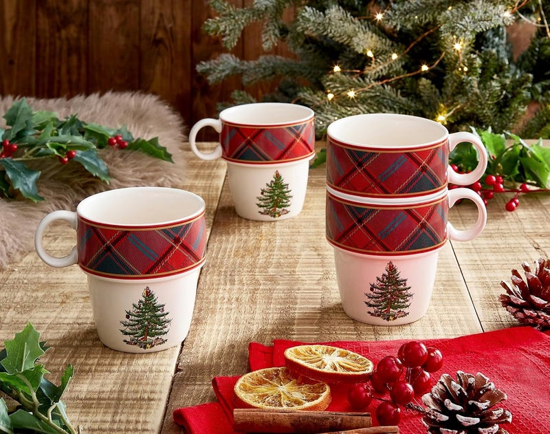 Spode Christmas Tree Tartan Stacking Mugs Set of 4  Festive Tartan Design Coffee Cups 10oz Earthenware Mugs for Holidays Colorful and Fun Stackable Mugs Great Gift for Seasonal Celebrations - Image 2