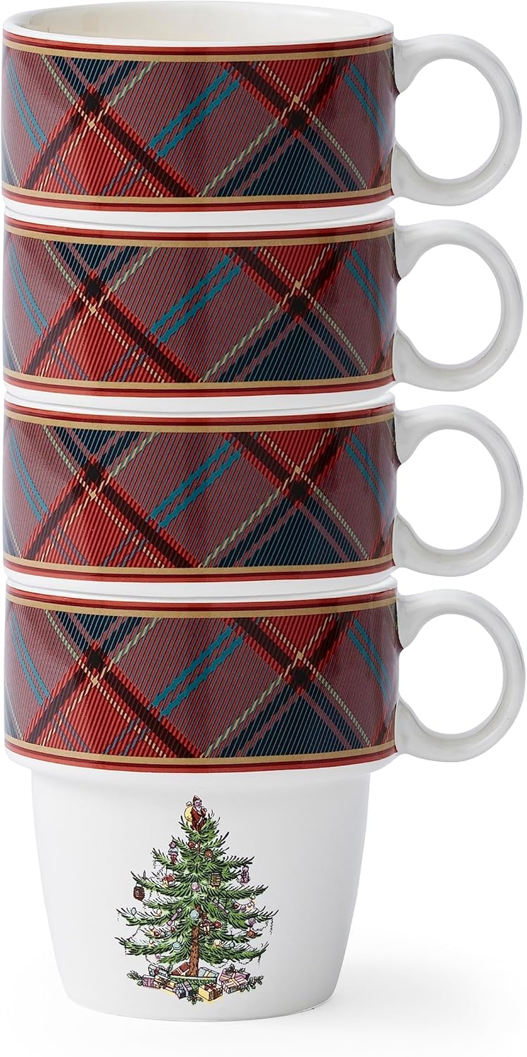 Spode Christmas Tree Tartan Stacking Mugs Set of 4  Festive Tartan Design Coffee Cups 10oz Earthenware Mugs for Holidays Colorful and Fun Stackable Mugs Great Gift for Seasonal Celebrations - Image 3