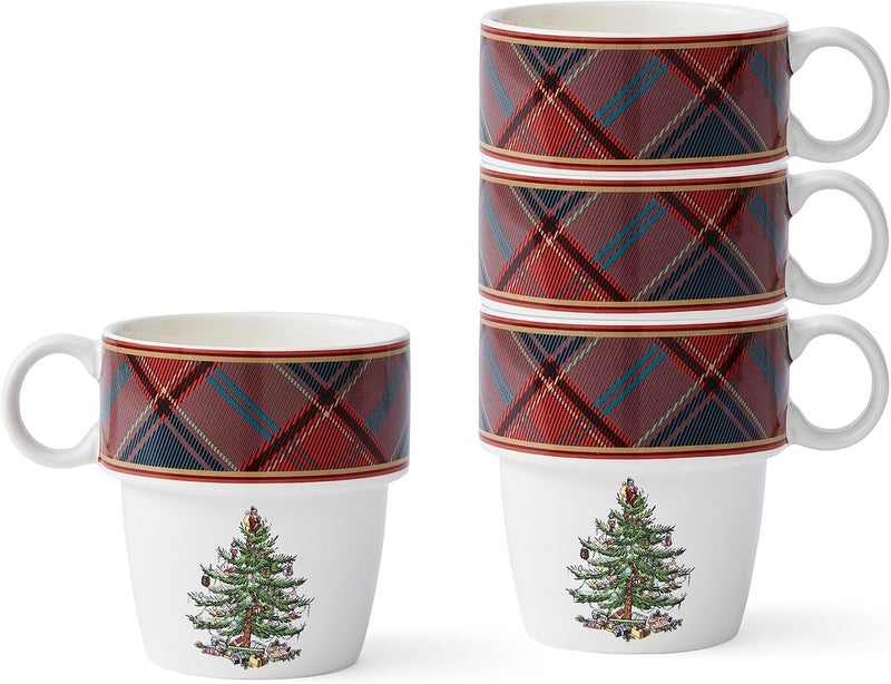 Spode Christmas Tree Tartan Stacking Mugs Set of 4  Festive Tartan Design Coffee Cups 10oz Earthenware Mugs for Holidays Colorful and Fun Stackable Mugs Great Gift for Seasonal Celebrations - Image 1