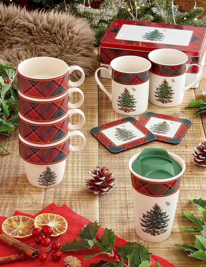Spode Christmas Tree Tartan Stacking Mugs Set of 4  Festive Tartan Design Coffee Cups 10oz Earthenware Mugs for Holidays Colorful and Fun Stackable Mugs Great Gift for Seasonal Celebrations - Image 4