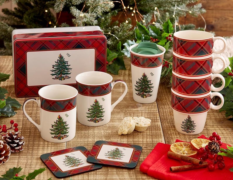 Spode Christmas Tree Tartan Stacking Mugs Set of 4  Festive Tartan Design Coffee Cups 10oz Earthenware Mugs for Holidays Colorful and Fun Stackable Mugs Great Gift for Seasonal Celebrations - Image 5