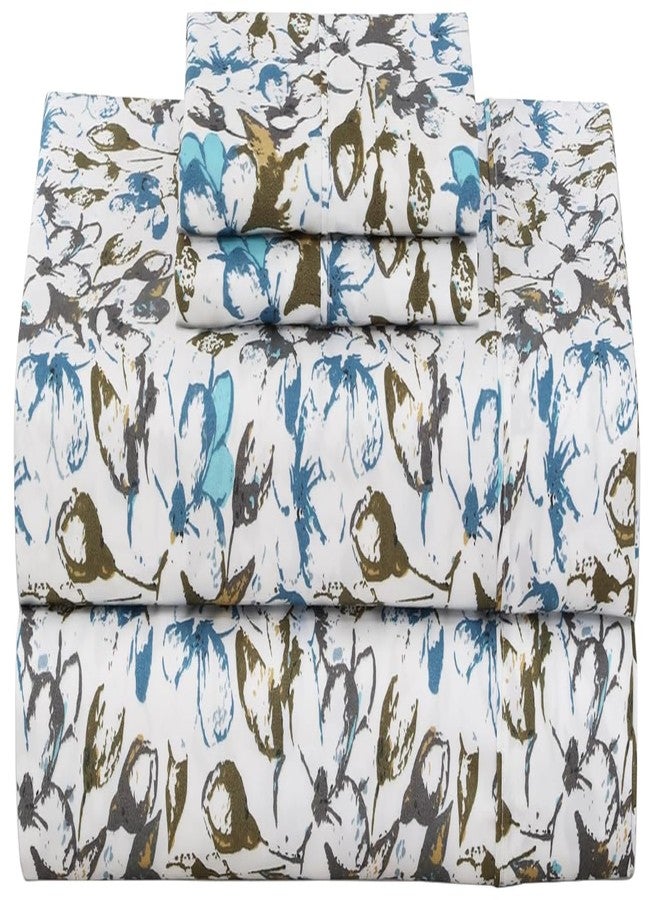 ZOYER Floral Bed Sheet Queen Size - Double Brushed Microfiber Printed Deep Pocket Sheets Fitted Up to 15", Breathable, Extra Soft Blue & Black Flower Pattern Sheets 4 Piece, Dwindle - Image 1