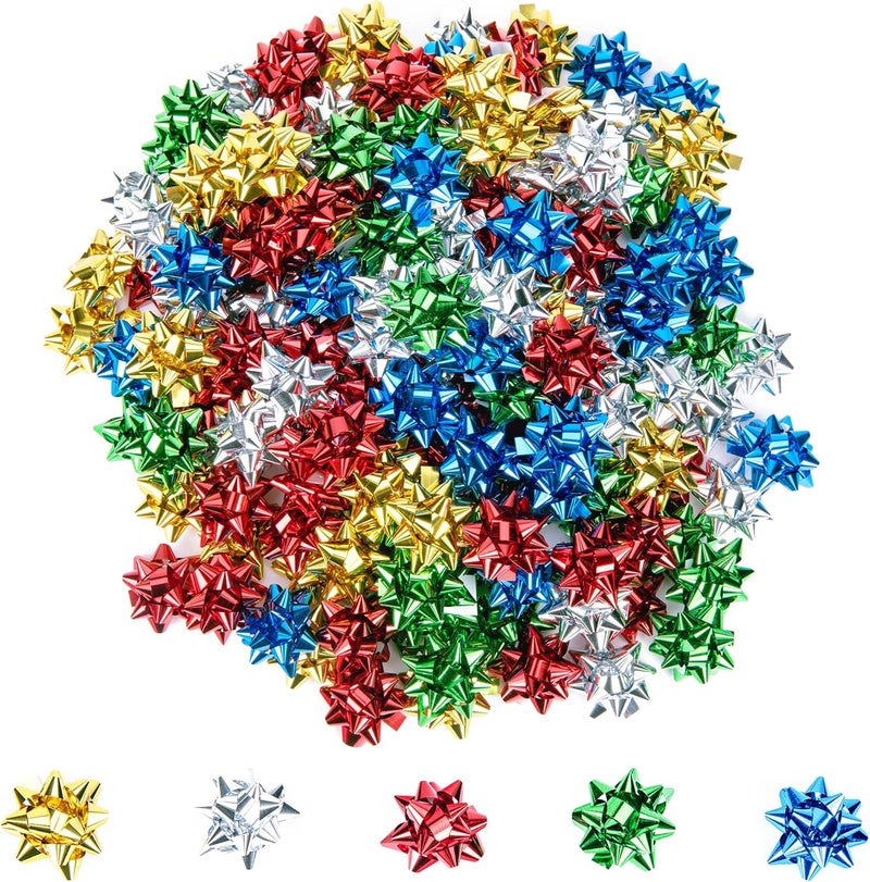 Iceyyyy 100 Pcs Mini Christmas Gift Bows-1 Inch Mix Color Metallic Star Gift Bows-Tiny Adhesive Present Bows for Christmas Holiday Party Decoration DIY Gifts Wrapping - Image 1