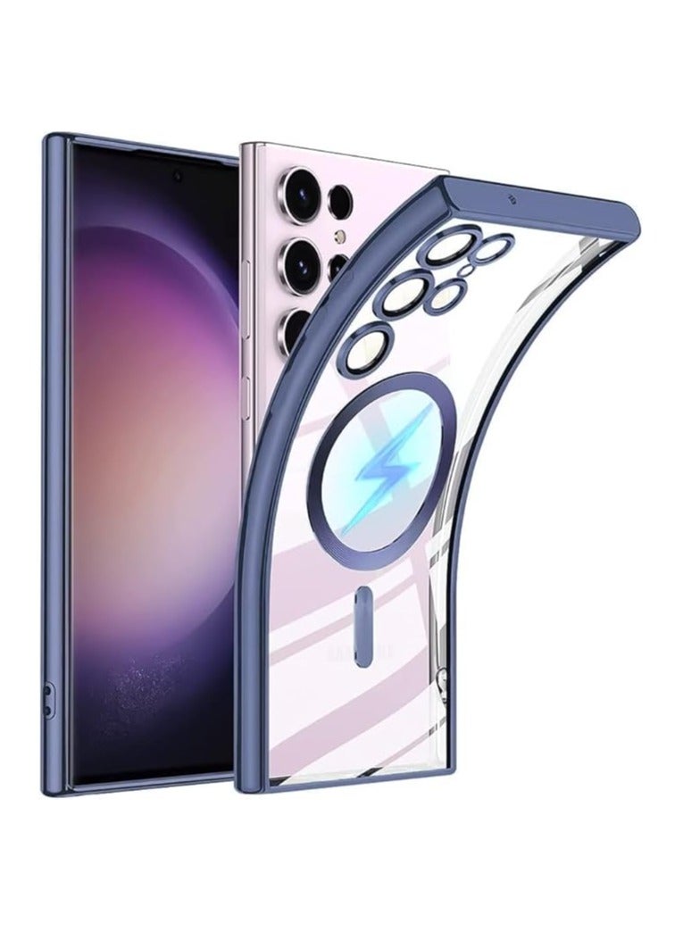 جراب حماية كامل مغناطيس رفيع وشفاف مضاد للخدش لموبايل سامسونج جالاكسي S23 الترا، متوافق مع ماج سيف مع واقي لعدسة الكاميرا  (أزرق)