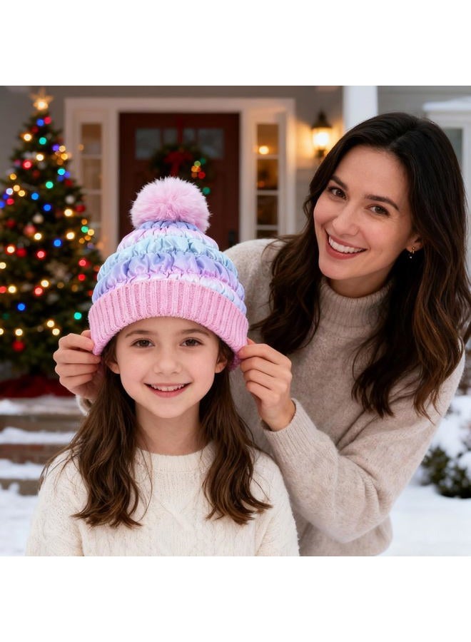 PinkSheep Toddler Winter Hat,Cute Girls Warm Beanie with Pom Pom and Fleece Lined Winter Hats,Fashion Kids Knit Beanies Cap, Gradient Blue, 7-14 Years - Image 2